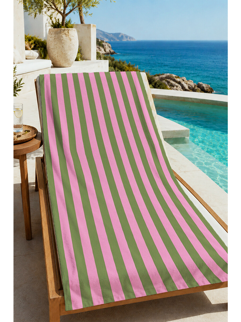 Retro Pembe Yeşil İnce Dikey Çizgili Desenli 70x150 Plaj Havlusu - Dijital Baskılı Banyo Havlusu-4