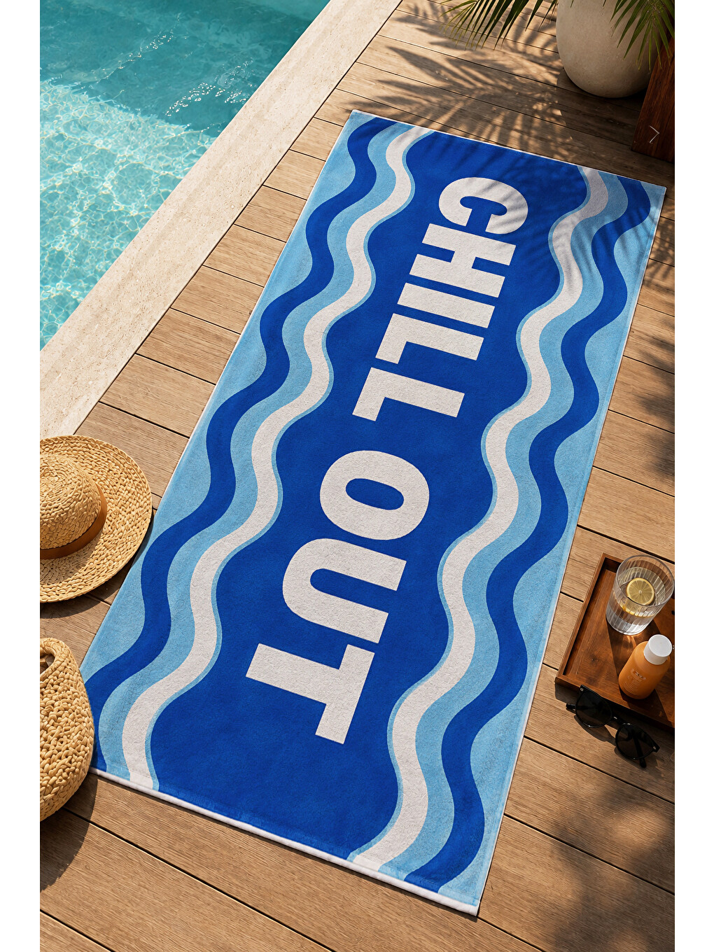 Pop Art Chill Out Yazılı Mavi Desenli 70x150 Plaj Havlusu - Dijital Baskılı Solmaz Banyo Havlusu-4