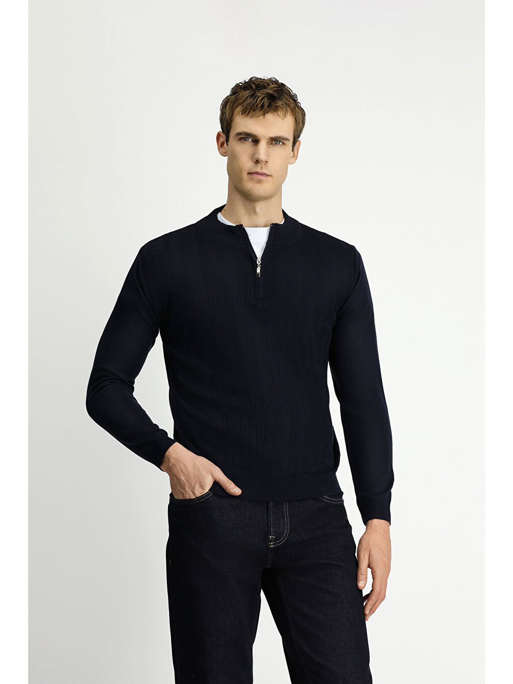 Lacivert Yarım Balıkçı Yaka Regular Fit Fermuarlı Triko Kazak-2