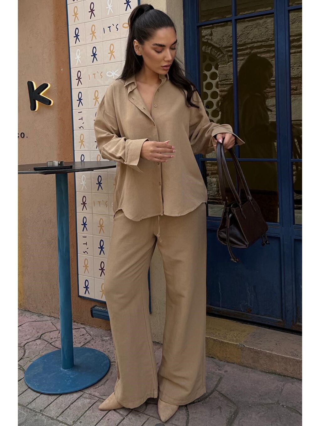 Kahverengi Camel Keten Kadın Gömlek Pantolon İkili Takım Mg2356-1