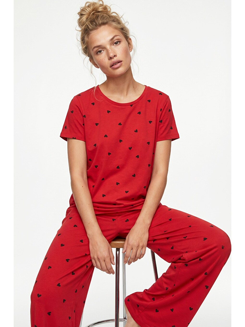Kırmızı Kısa Kollu Pamuklu Pijama Takımı