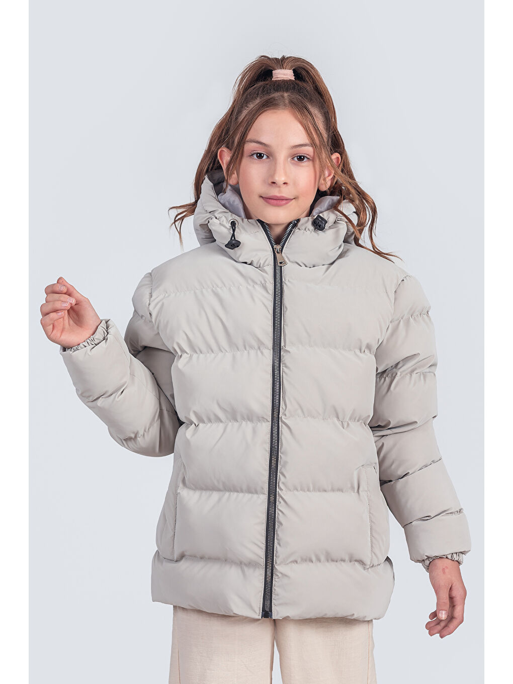 Bej Kız Çocuk Kapüşonlu Nova Kumaş Kışlık Mont KM1010-2