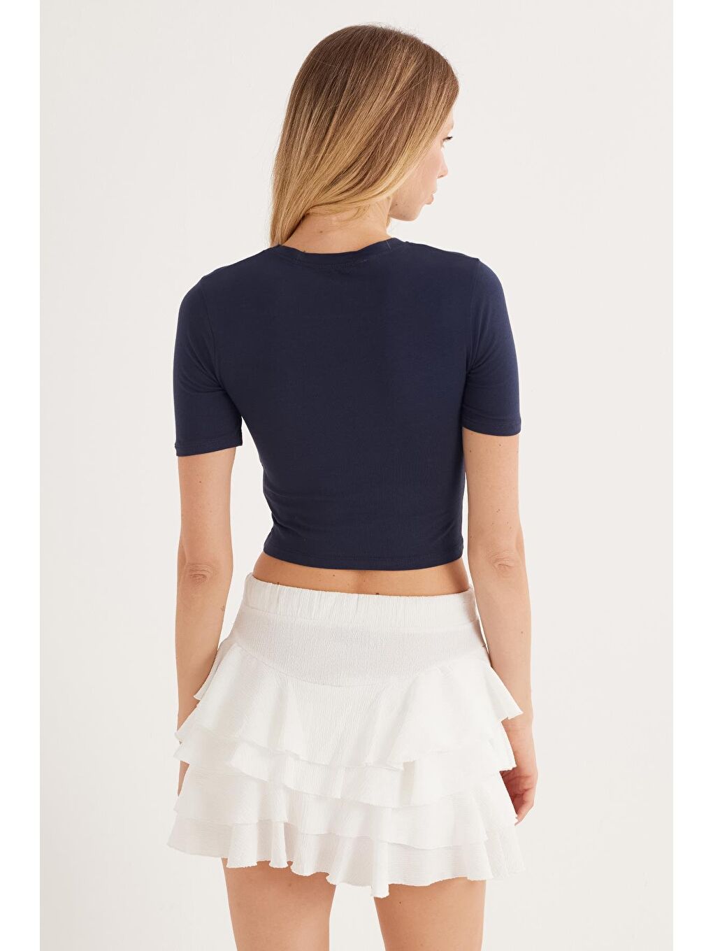 Kadın Slim Fit Dar Kesim Pamuklu Bisiklet Yaka Lacivert Bluz-6