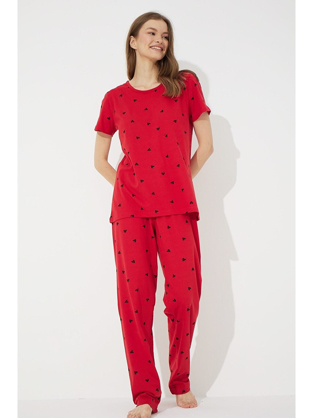 Kırmızı Kısa Kollu Pamuklu Pijama Takımı-1
