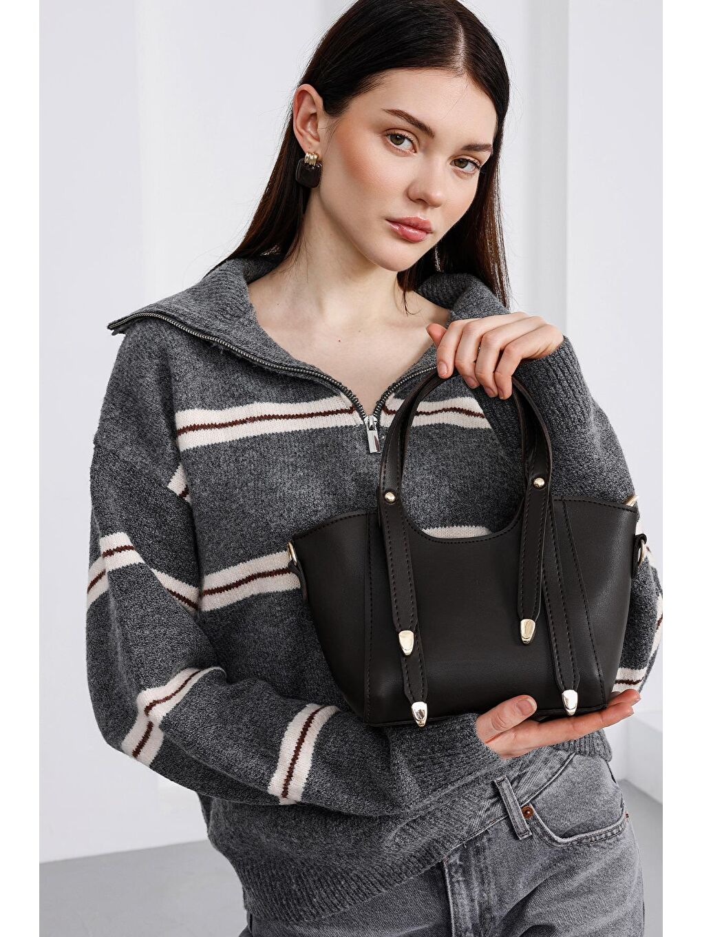 Kahverengi Pureline El Ve Çapraz Çanta Kahve-4