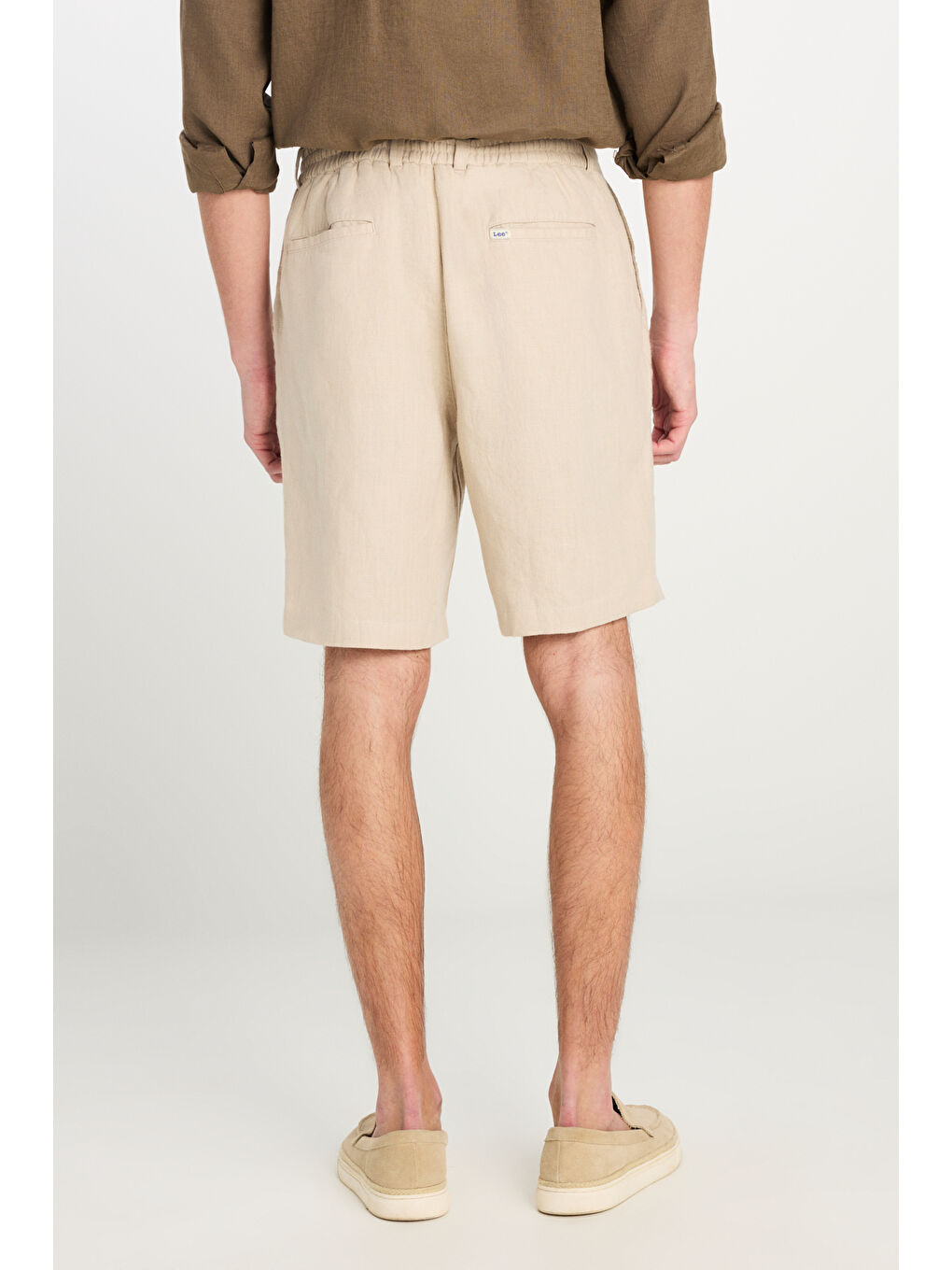 %100 Keten Regular Fit Normal Kesim Lastik Bel Detaylı Bej Şort-3