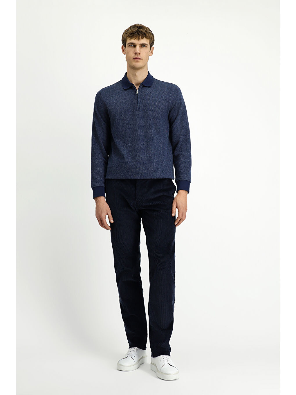 Lacivert Polo Yaka Regular Fit Desenli Fermuarlı Pamuklu Sweatshirt-1