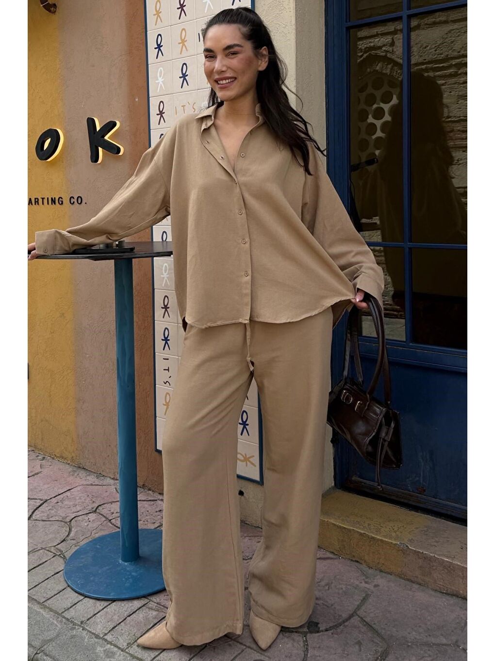 Kahverengi Camel Keten Kadın Gömlek Pantolon İkili Takım Mg2356-2