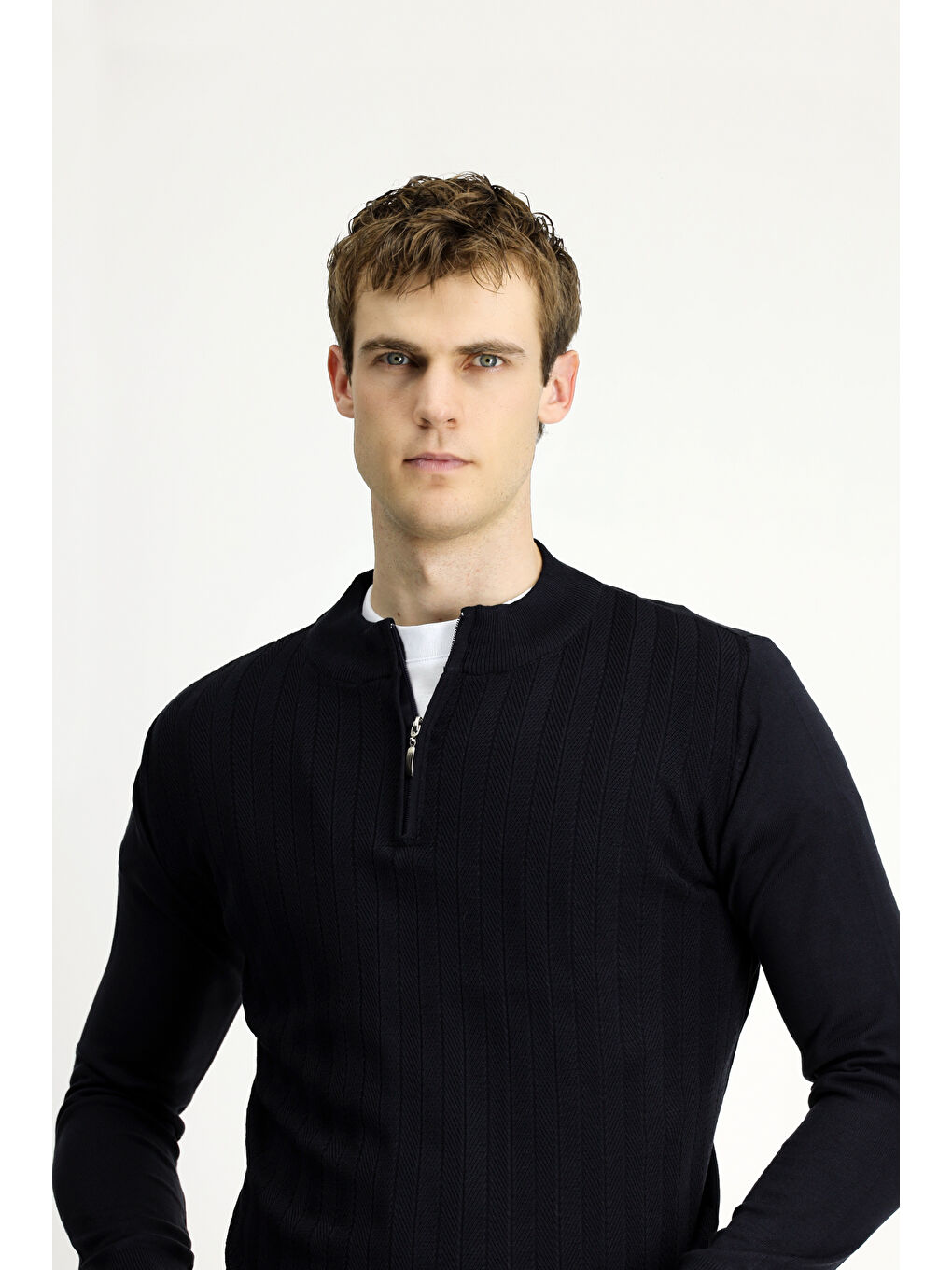 Lacivert Yarım Balıkçı Yaka Regular Fit Fermuarlı Triko Kazak-3