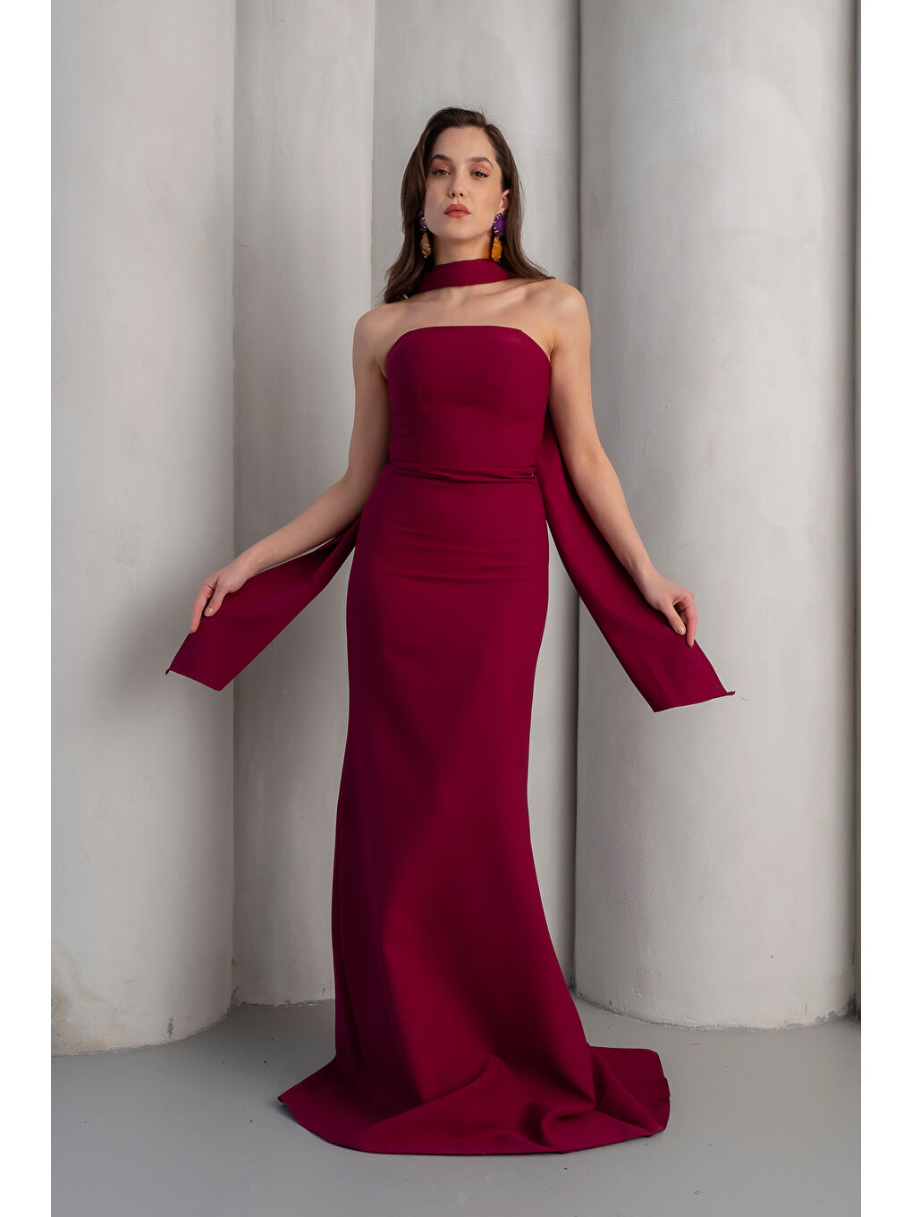 Kadın Mürdüm Dar Kalıp Şal Yaka Detay Uzun Abiye Elbise