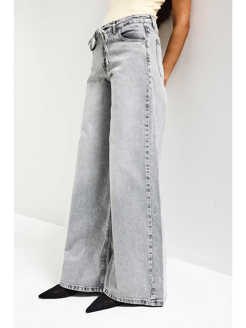 Kadın Gri 4s5-12 Palazzo Fit Bağcıklı %100 Pamuk Denim Jean-5
