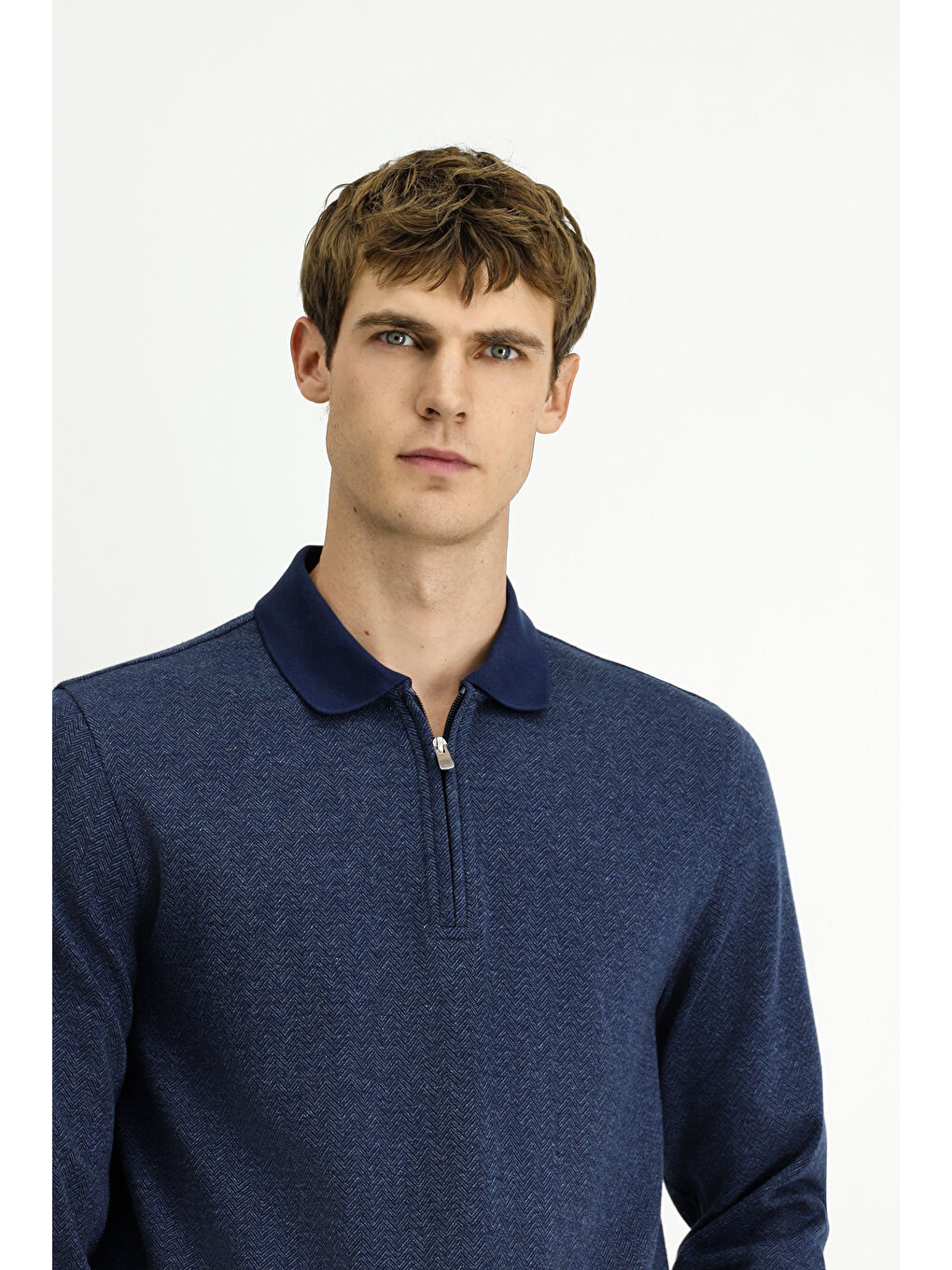 Lacivert Polo Yaka Regular Fit Desenli Fermuarlı Pamuklu Sweatshirt-2