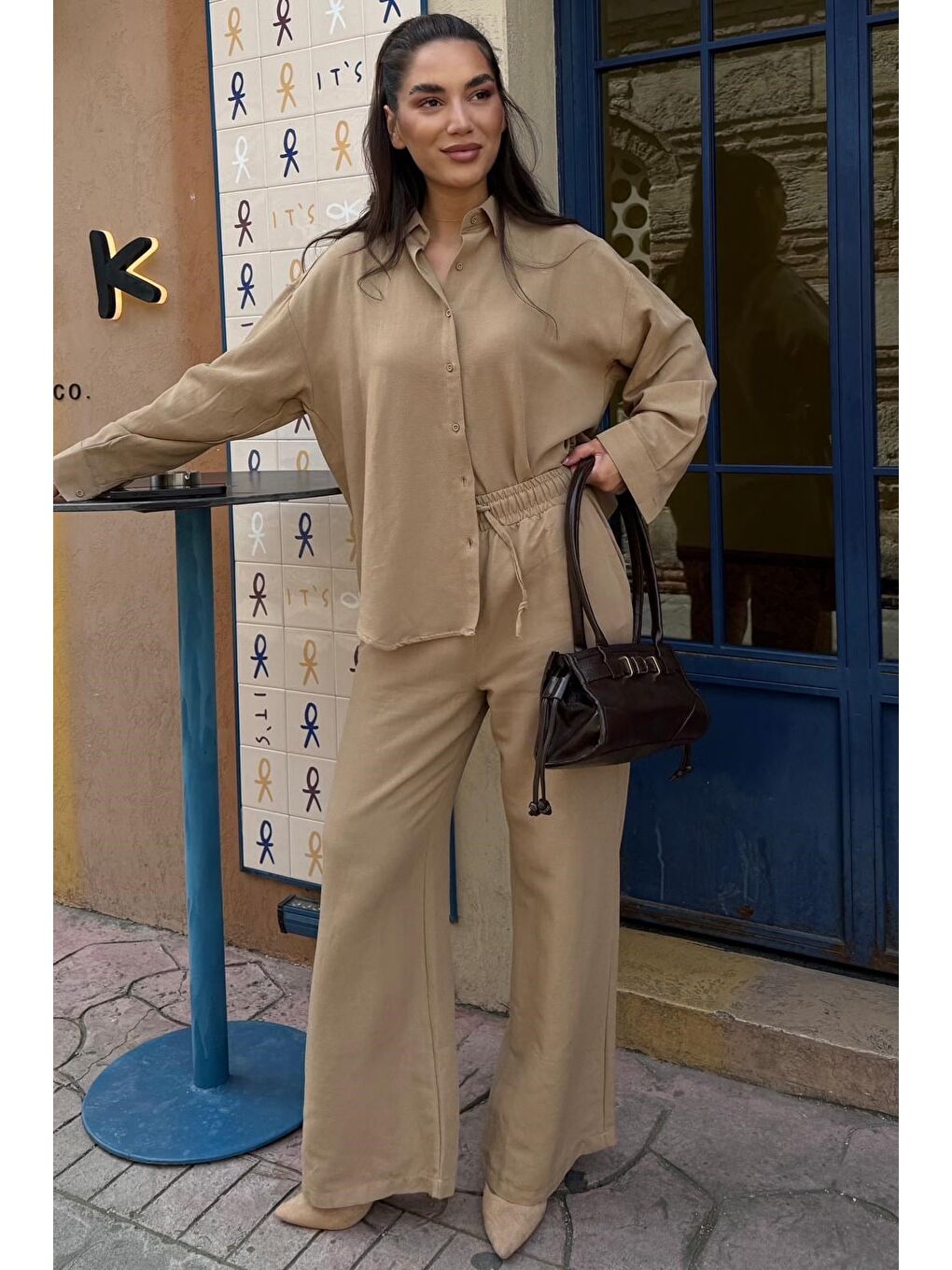 Kahverengi Camel Keten Kadın Gömlek Pantolon İkili Takım Mg2356-3