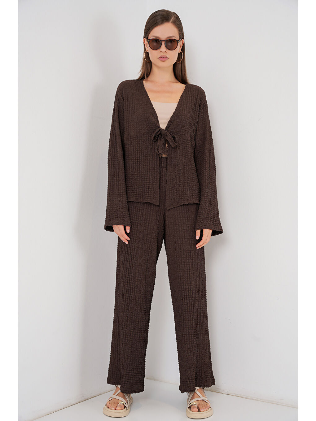 Kadın Örme Bluz Pantolon İkili Takım 30052 - Kahverengi-3