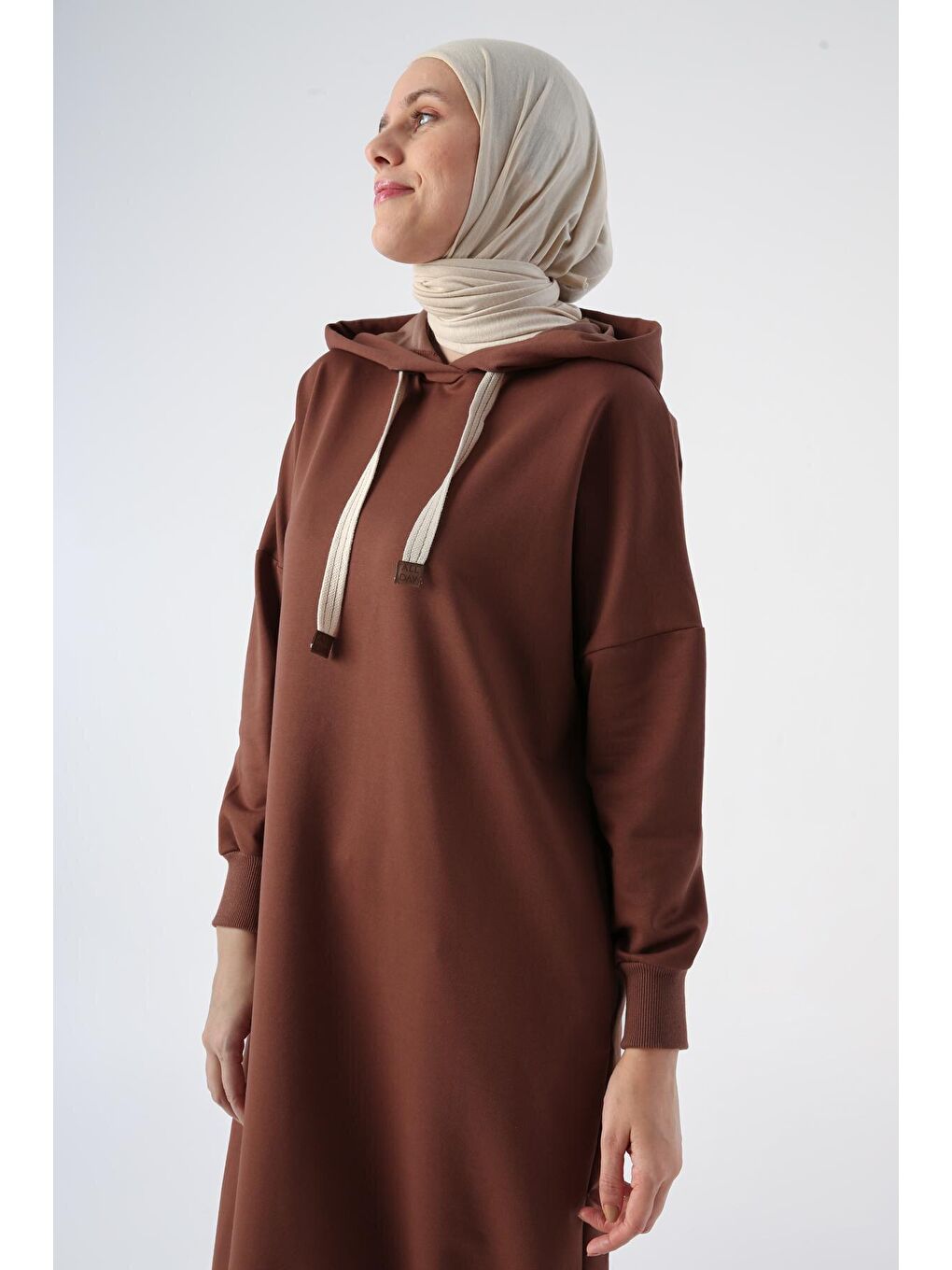 Kahverengi Açık Kahve Kuşgözlü Kapüşonlu Cepli Sweat Tunik-4