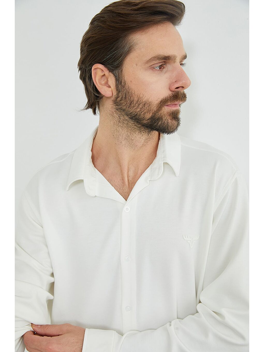 Beyaz Baskılı Uzun Kol Modal Kumaş Gömlek-3