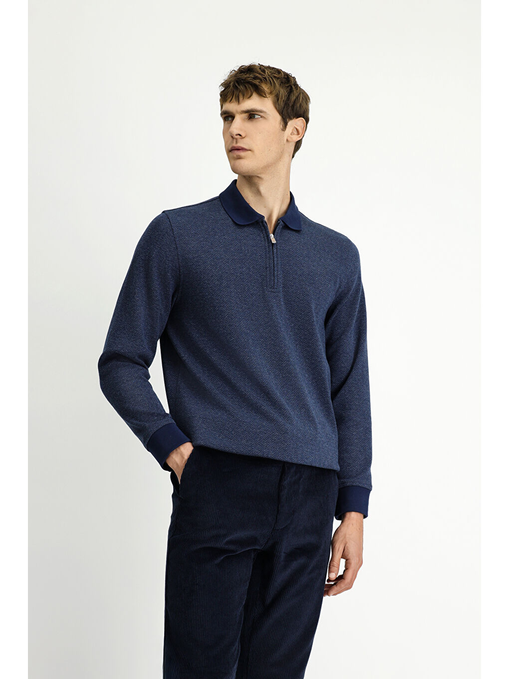 Lacivert Polo Yaka Regular Fit Desenli Fermuarlı Pamuklu Sweatshirt-3