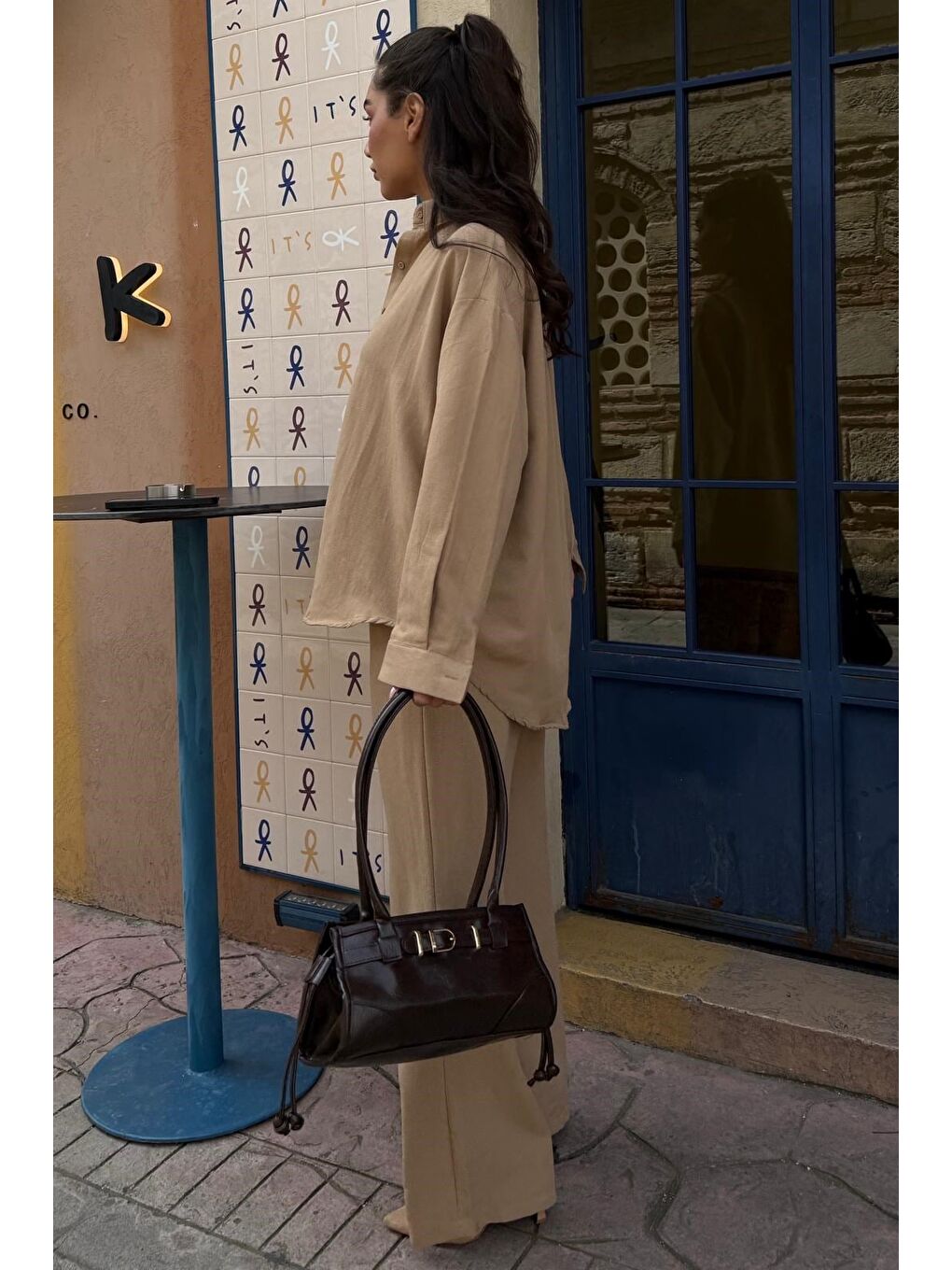 Kahverengi Camel Keten Kadın Gömlek Pantolon İkili Takım Mg2356-4