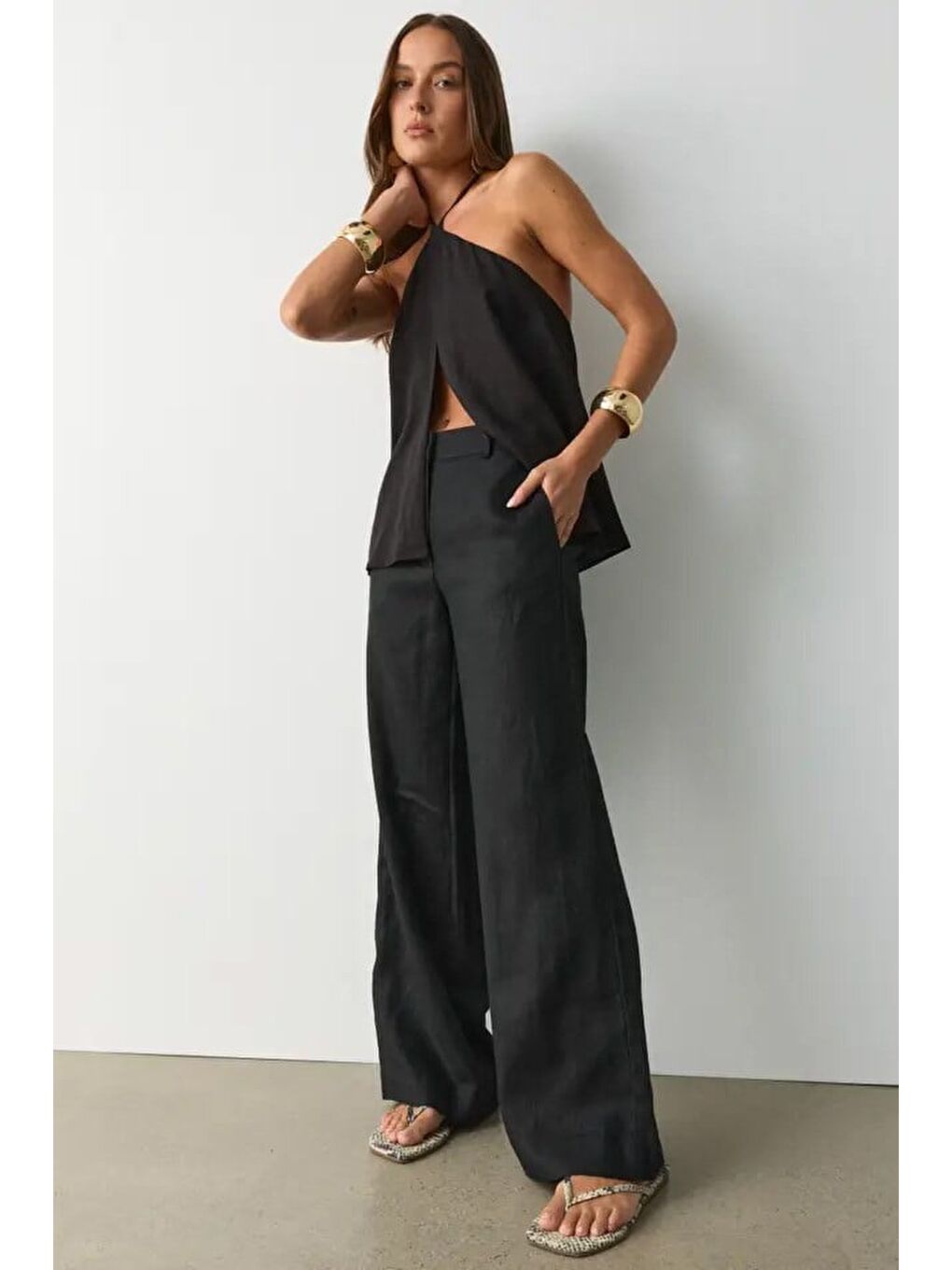 Siyah Yüksek Bel Keten Wide Leg Pantolon Mg2718-1