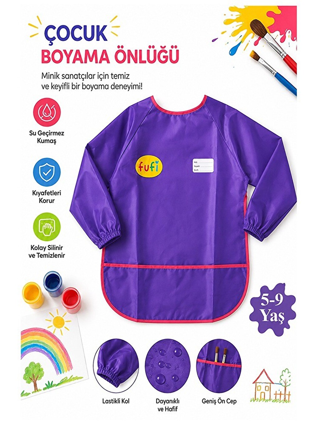 Faliyet Önlüğü Xl 1 Adet Çocuk Kollu Etkinlik Boyama Önlüğü 5-9 Yaş Yaka Etiketli Adı Soyadı Sınıfı