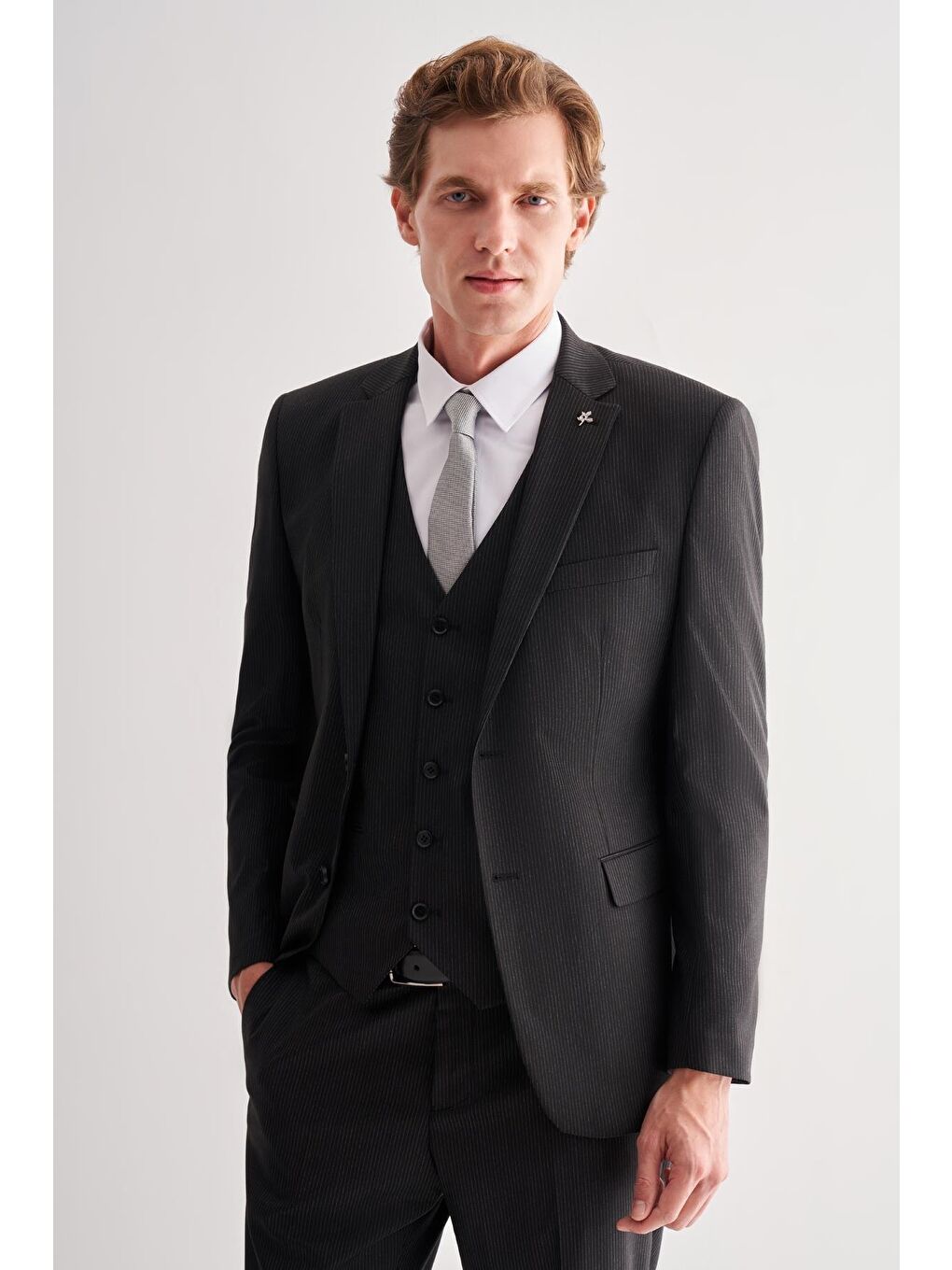 Siyah Mono Yaka Tam Astar 6 Drop Slim Fit Esnek  Yelekli Takım Elbise 1001255151-2