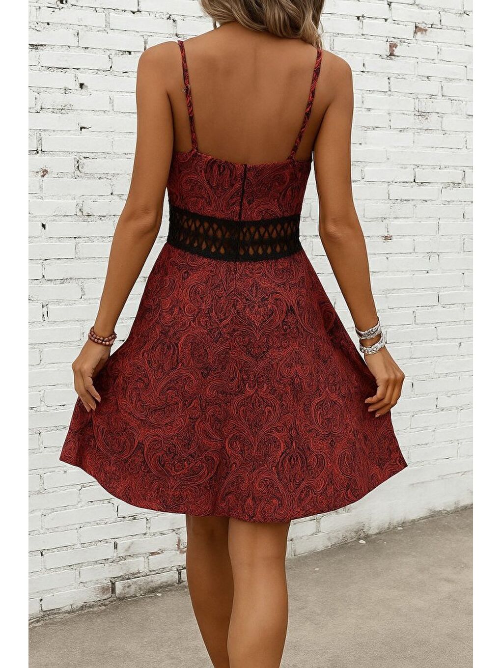 Kırmızı Kadın Ip Askılı Kruvaze Yakalı Desenli Mini Süprem Mini Elbise-1