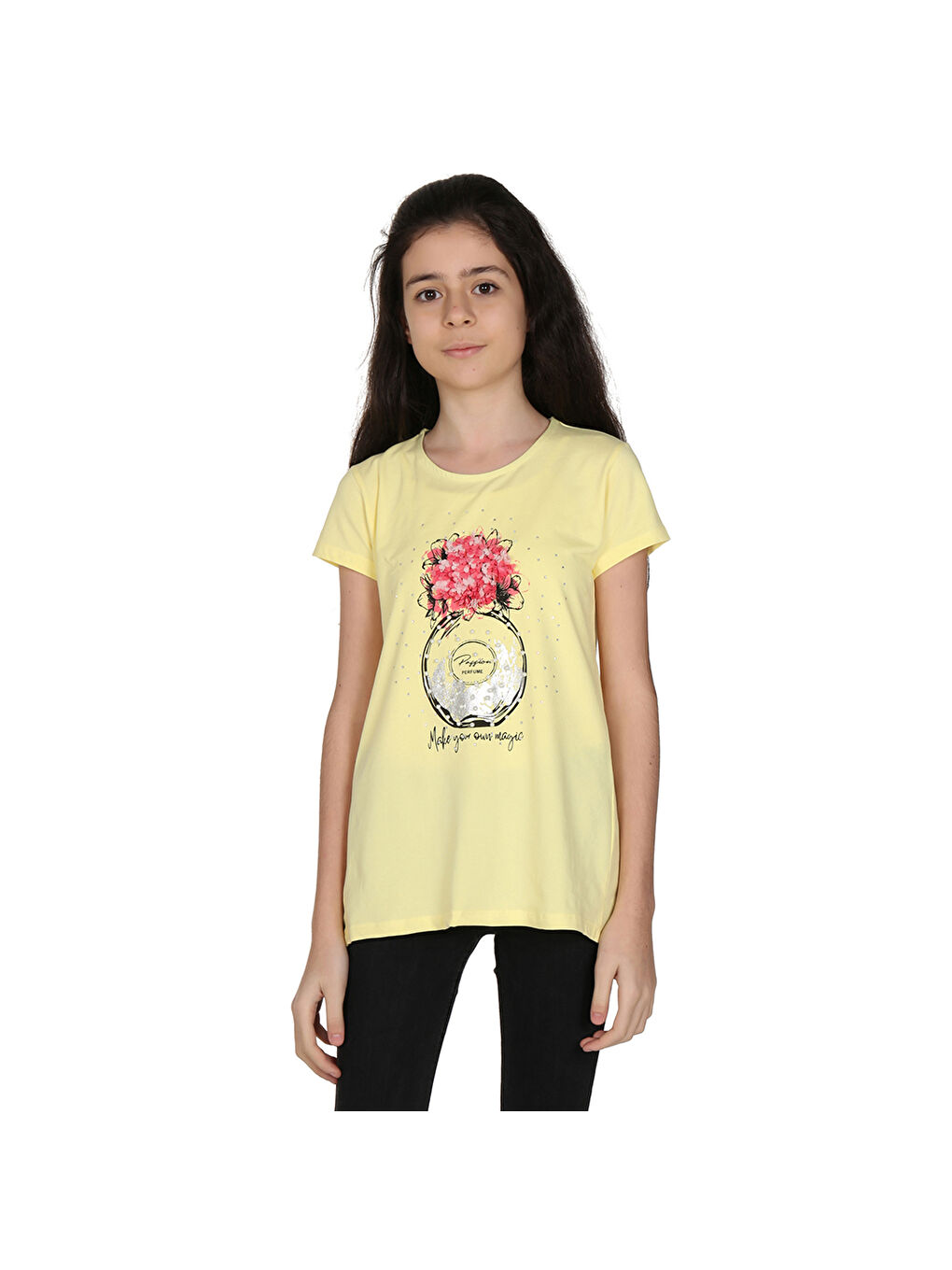 Sarı Kız Çocuk Parfüm Nakışlı T-Shirt