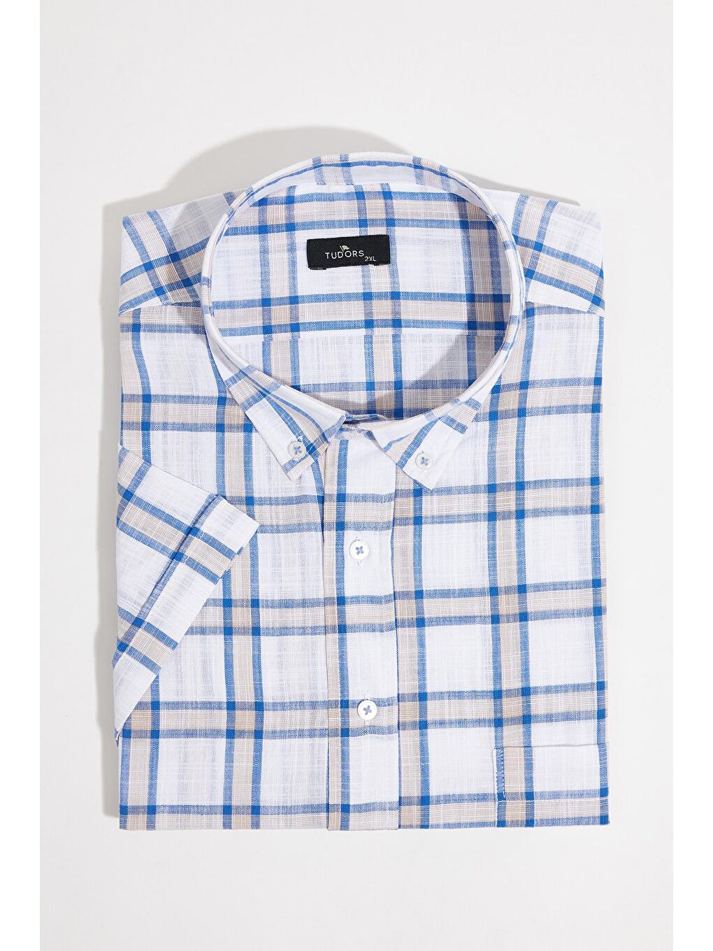 Karışık Erkek Büyük Beden Yaka Düğmeli Kareli Keten Efektli Kısa Kollu Gömlek