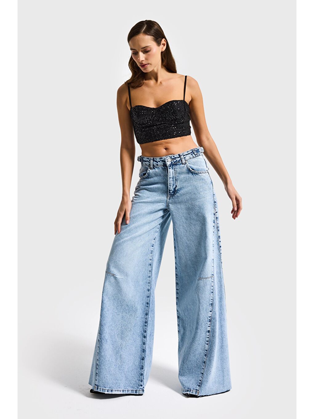 Mavi Kadın Jean Rengi 4s6-3 Baggy Palazzo Fit Kemer Detaylı %100 Pamuk Denim Jean-1