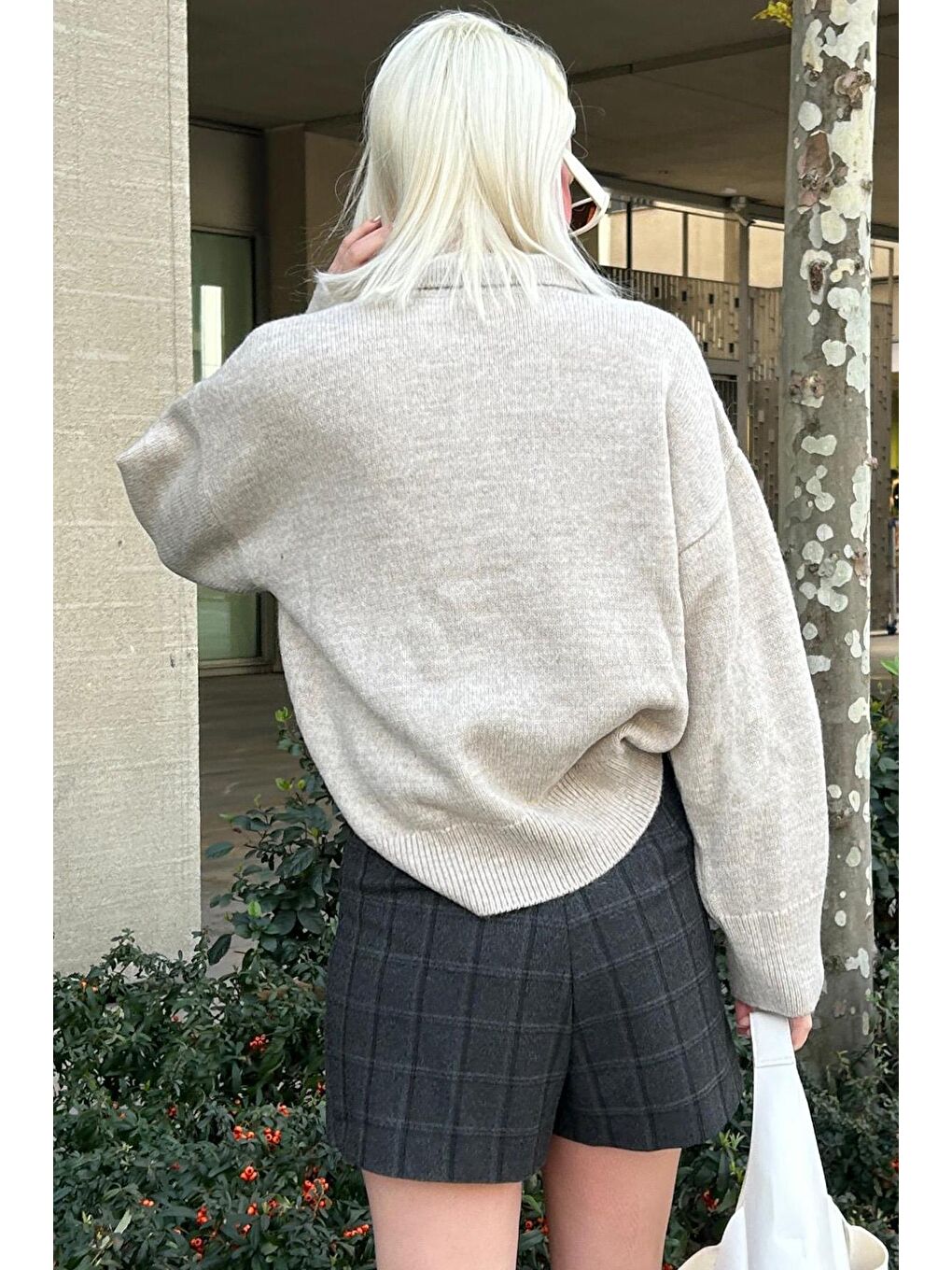 Bej Düğmeli Polo Yaka Kadın Kazak Mg2307-3