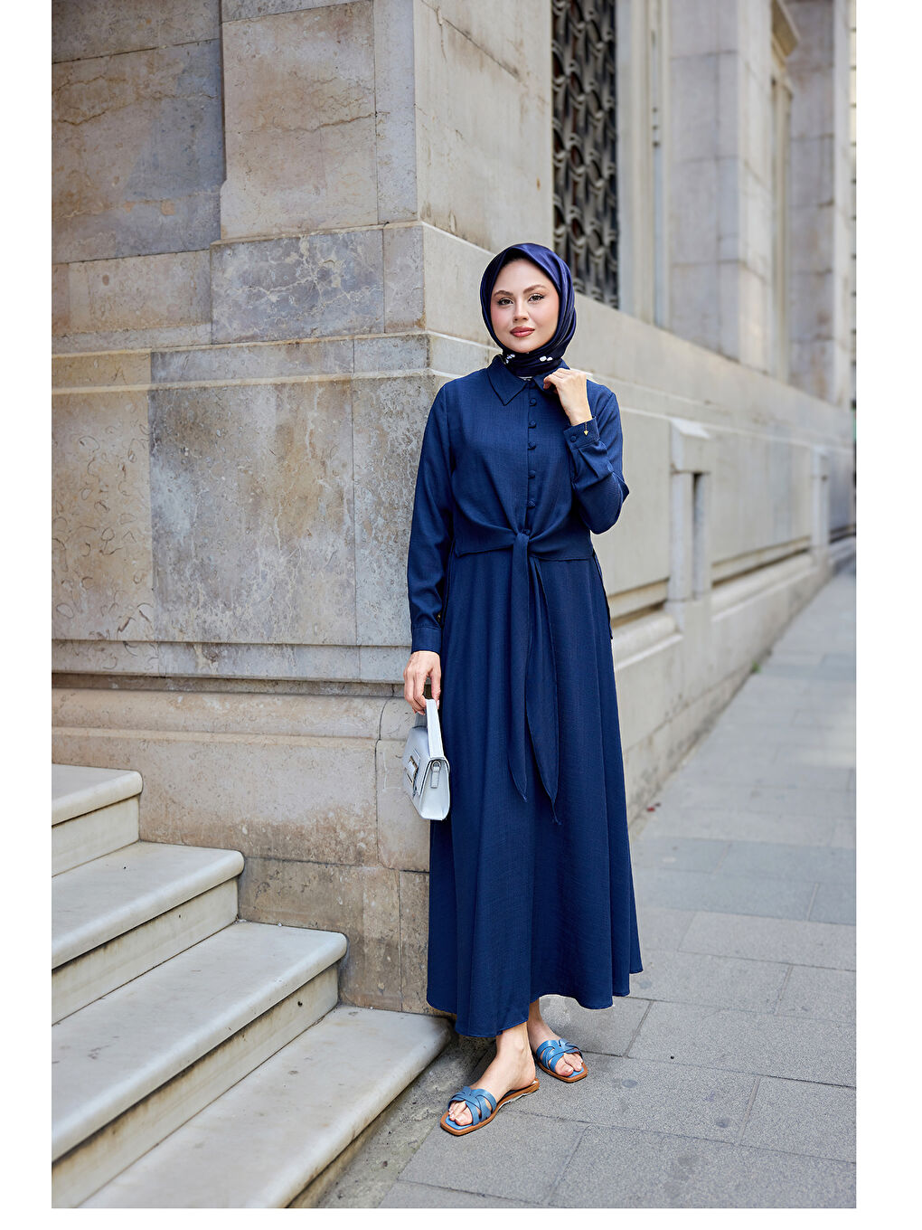 Kadın Gömleği Bağlamalı Keten Takım Lacivert-1