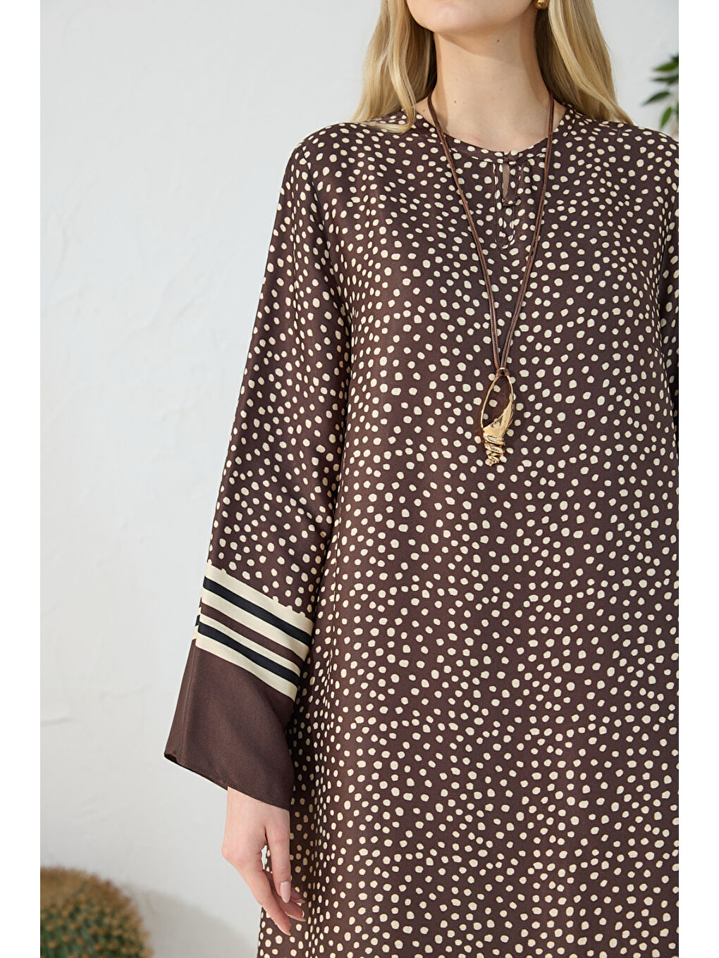 Kahverengi Desenli Bisiklet Yaka Elbise-5