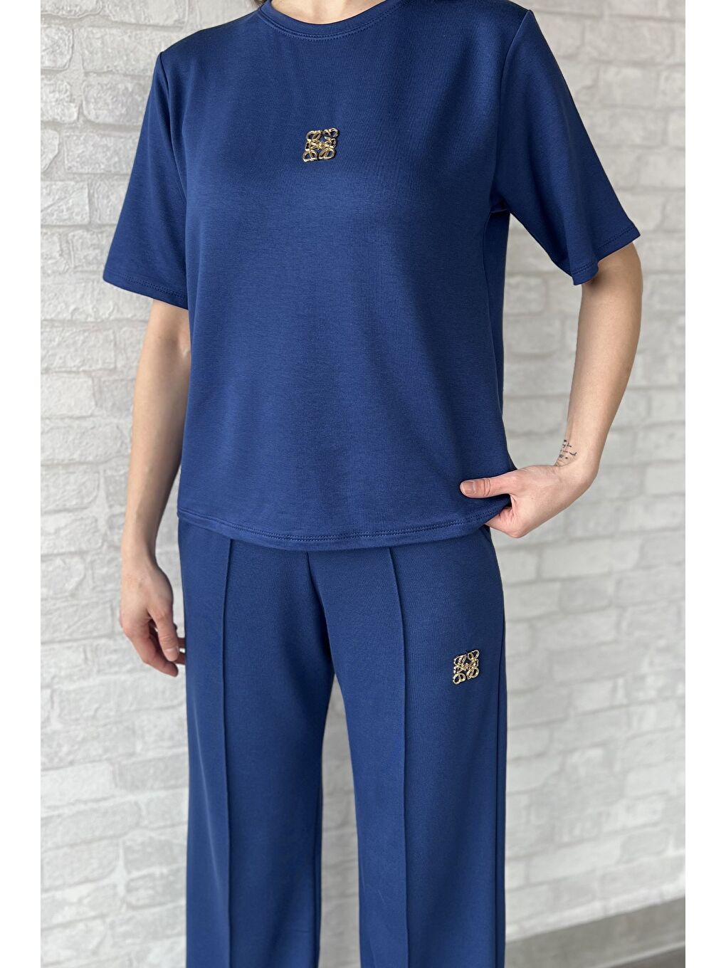 Lacivert Kadın Gold Toka Detaylı Tişört Pantolon İkili Takım-3