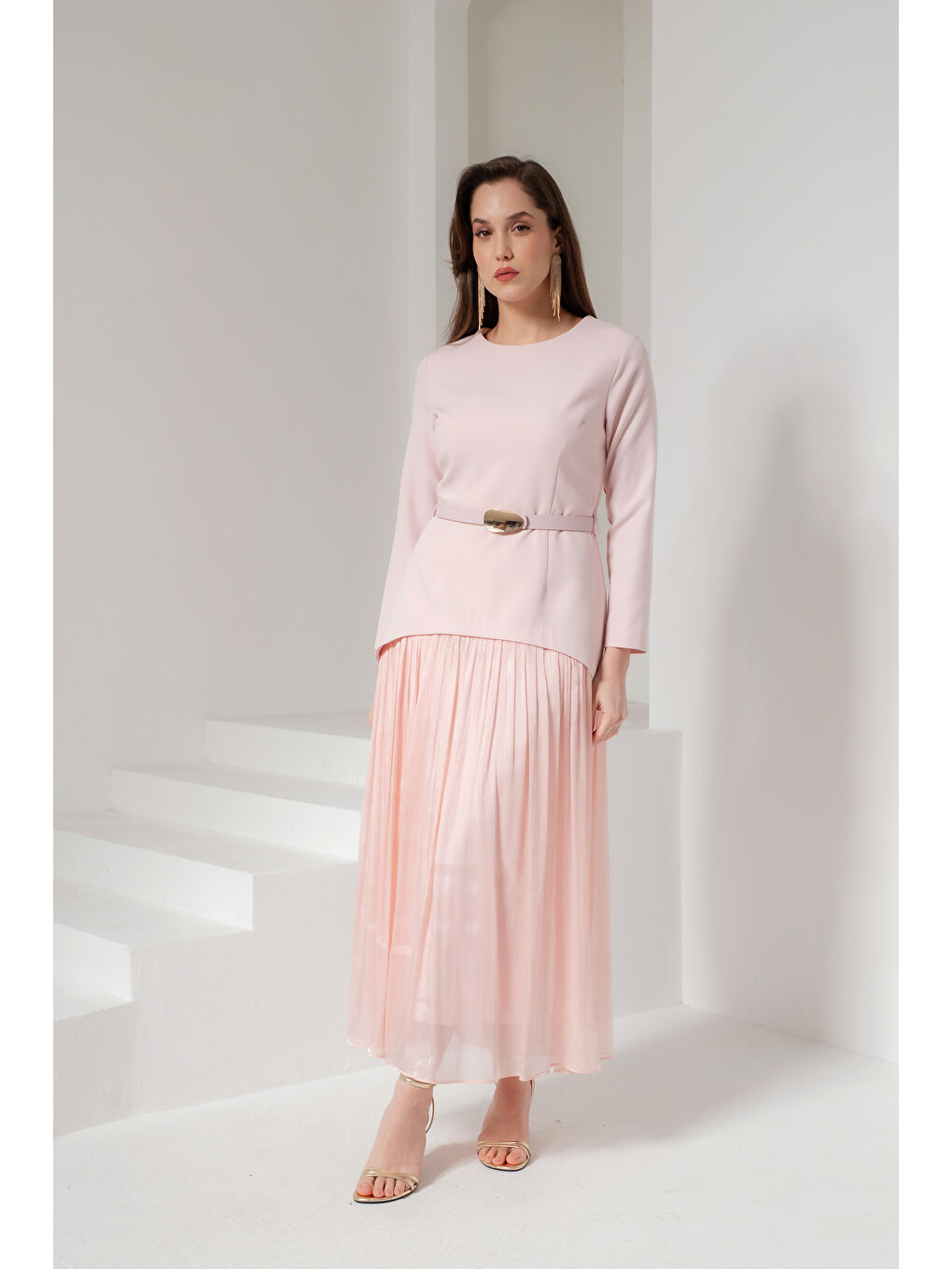 Pembe Kadın Pudra Kemerli Midi Abiye Elbise-1