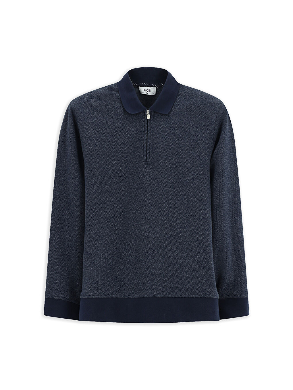 Lacivert Polo Yaka Regular Fit Desenli Fermuarlı Pamuklu Sweatshirt-6