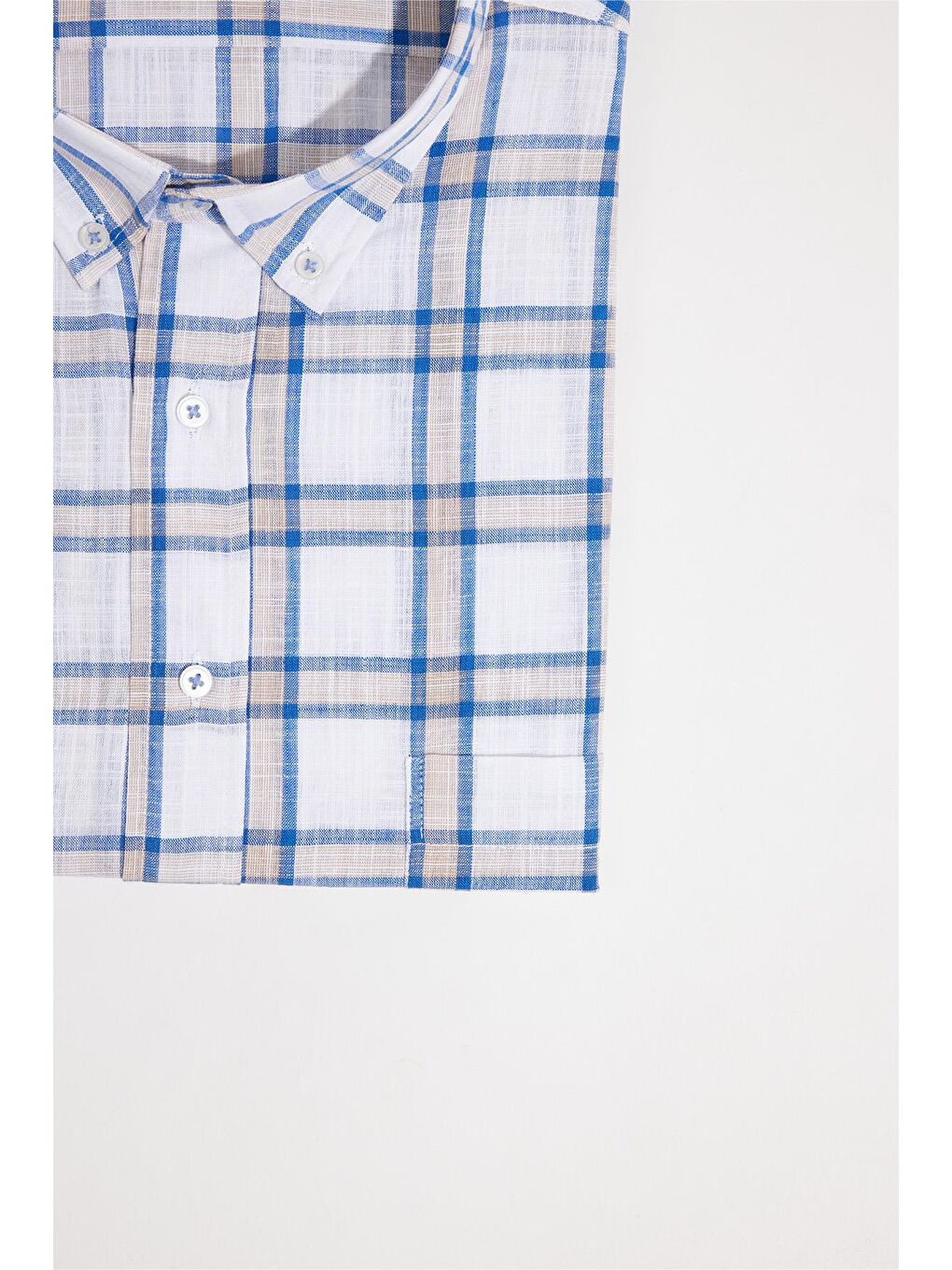 Karışık Erkek Büyük Beden Yaka Düğmeli Kareli Keten Efektli Kısa Kollu Gömlek-2