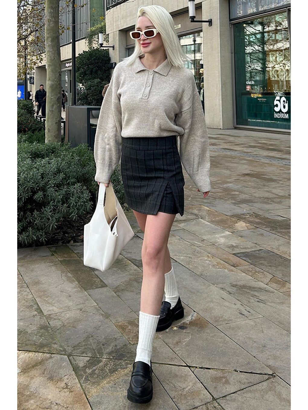 Bej Düğmeli Polo Yaka Kadın Kazak Mg2307-5