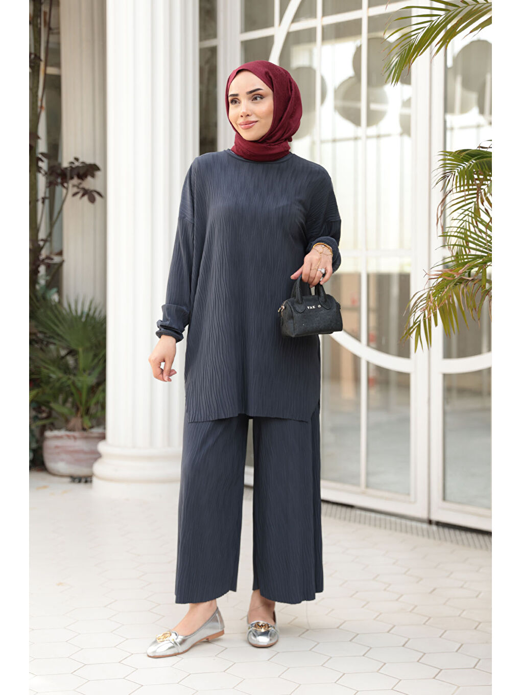 Kadın Kabarık Kumaş Takım Antrasit-3