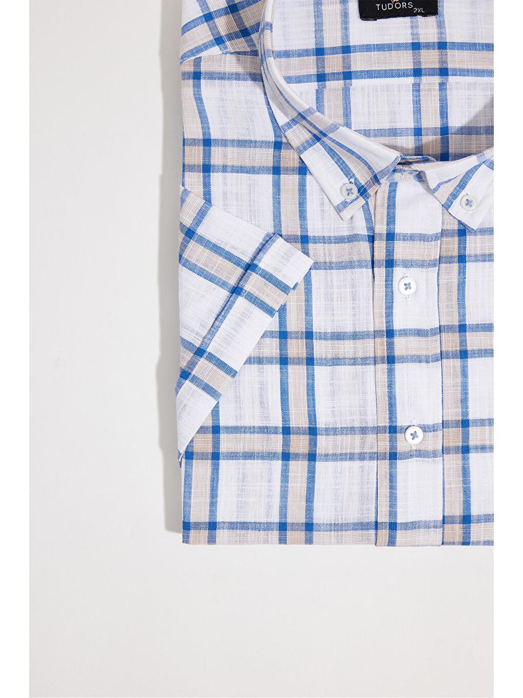 Karışık Erkek Büyük Beden Yaka Düğmeli Kareli Keten Efektli Kısa Kollu Gömlek-3