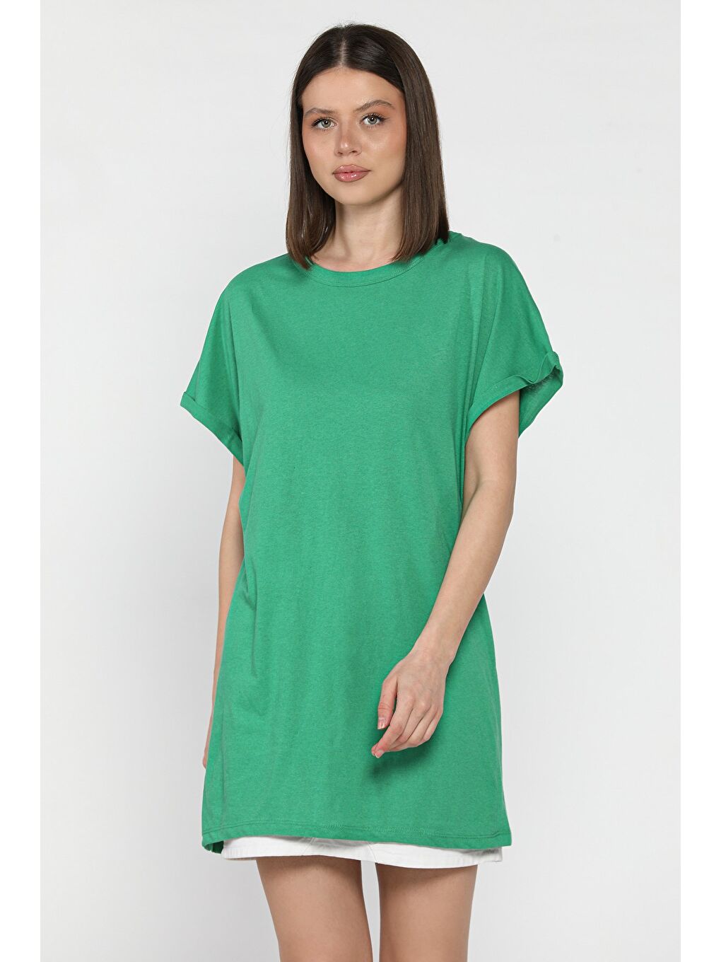 Yeşil Kol Katlamalı Bisiklet Yaka Kadın Uzun Tişört (m-l-xl Uyumludur)-1