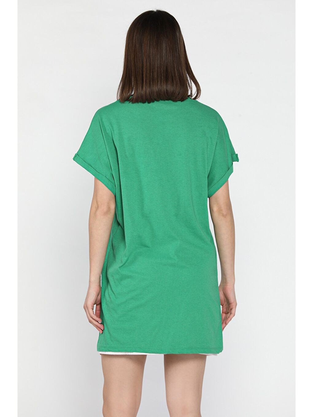 Yeşil Kol Katlamalı Bisiklet Yaka Kadın Uzun Tişört (m-l-xl Uyumludur)-2