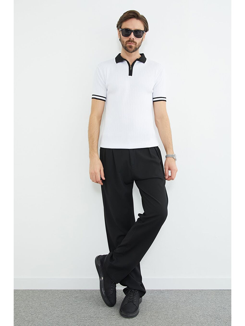 Beyaz Yarım Fermuarlı Fitilli Triko Tişört-3