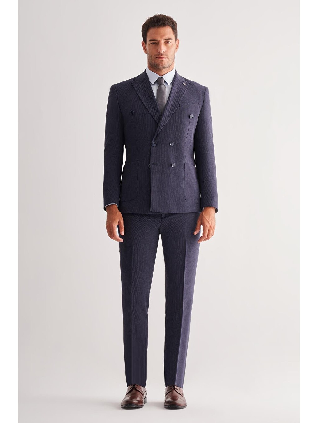 Koyu Lacivert Kılıç Yaka Tam Astar 6 Drop Slim Fit Esnek Kruvaze  Takım Elbise 1001255155-1