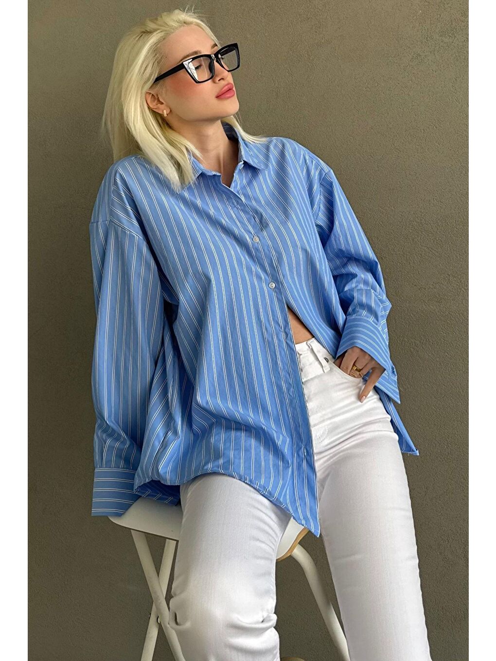 Mavi Çizgili Regular Kesim Kadın Gömlek Mg2610-4