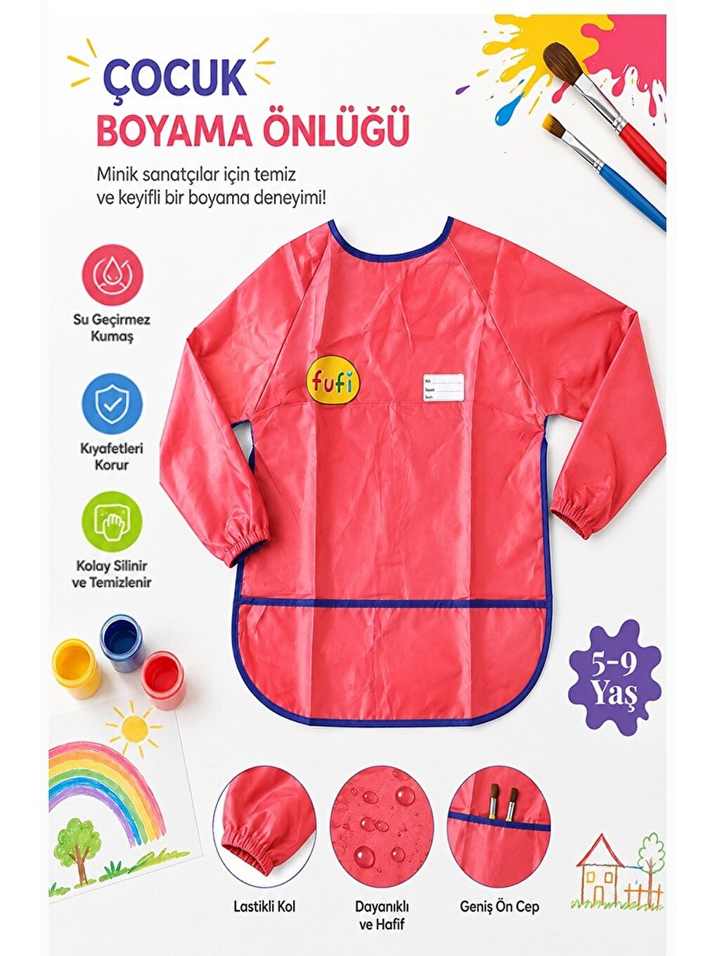 Faliyet Önlüğü Xl 1 Adet Çocuk Kollu Etkinlik Boyama Önlüğü 5-9 Yaş Yaka Etiketli Adı Soyadı Sınıfı
