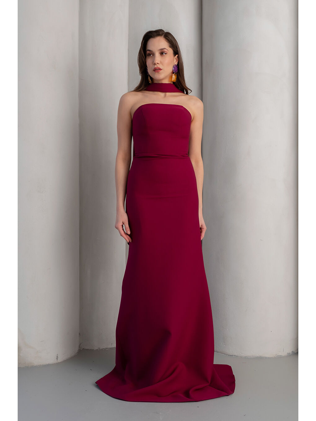 Kadın Mürdüm Dar Kalıp Şal Yaka Detay Uzun Abiye Elbise-1