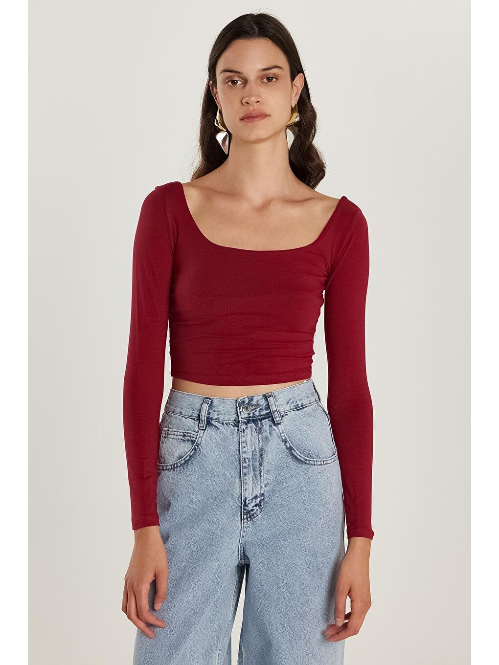 Kadın Slim Fit Dar Kesim Pamuklu Kayık Yaka Bordo Bluz