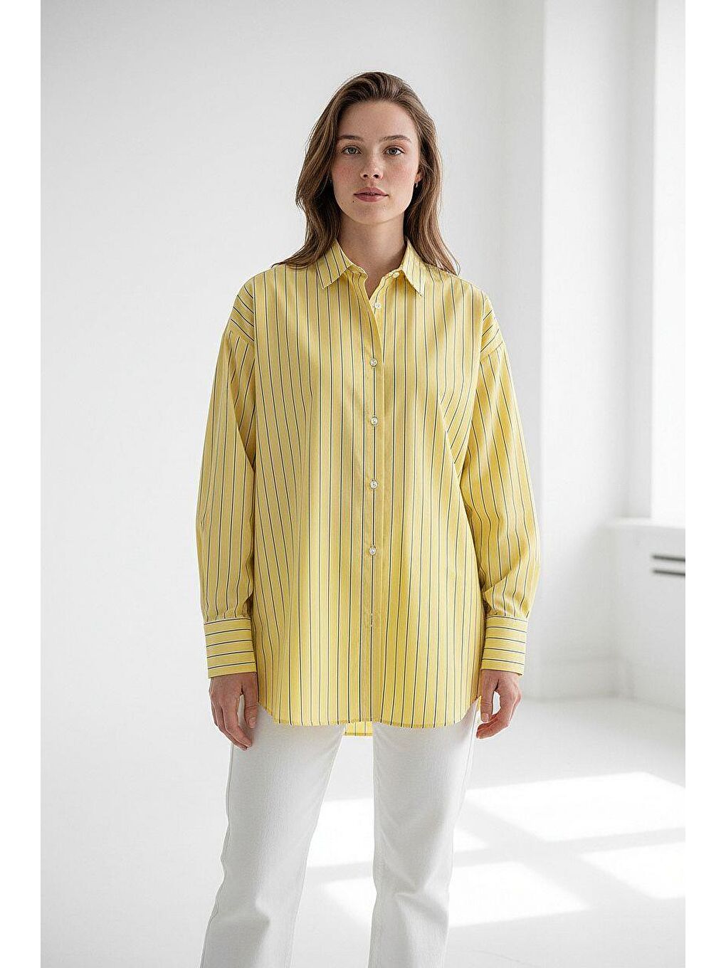 Sarı Çizgili Regular Kesim Kadın Gömlek Mg2610