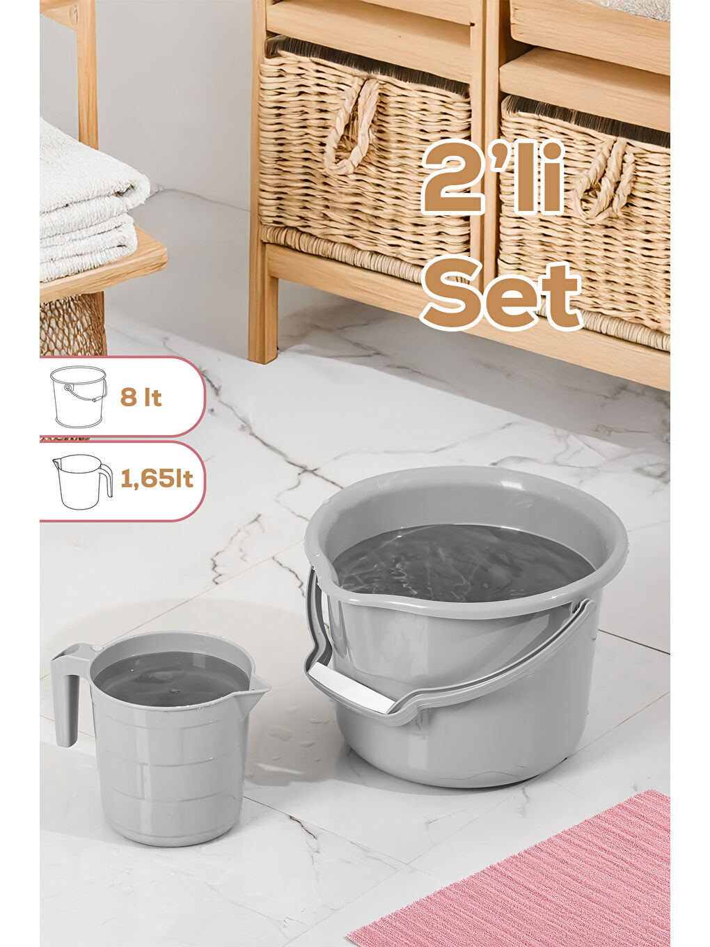 2li Banyo Balkon Temizlik Seti 8L Kulplu Kova 1,65L Maşrapa Banyo Seti Gri-2
