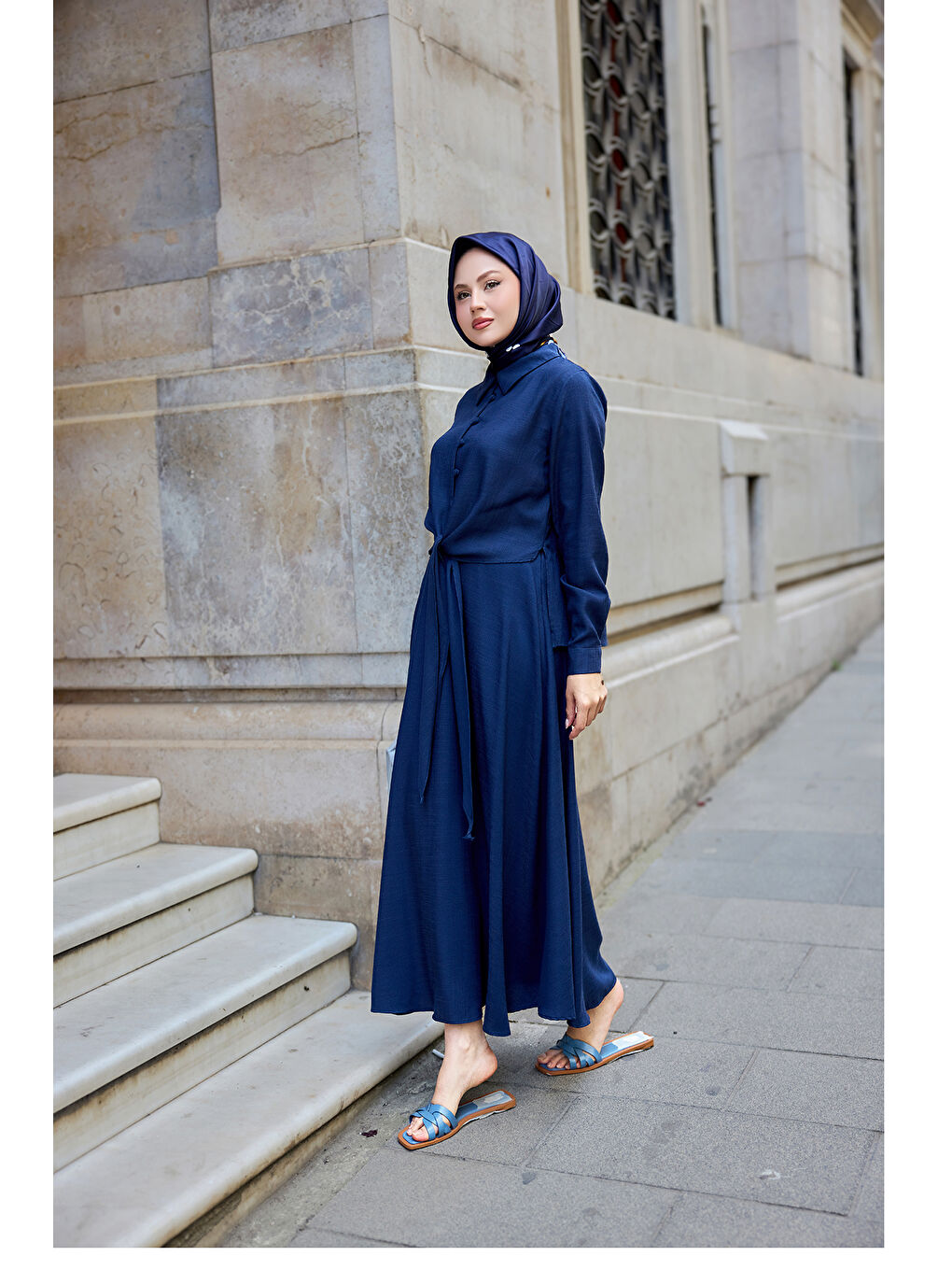 Kadın Gömleği Bağlamalı Keten Takım Lacivert-2